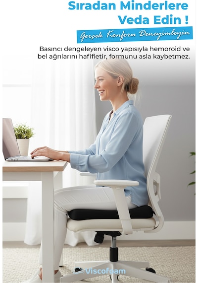 Viscofoam Ortopedik Visco Kare Oturma Minderi Kuyruk Sokumu Destekli Ergonomik Koltuk Minderi - Siyah