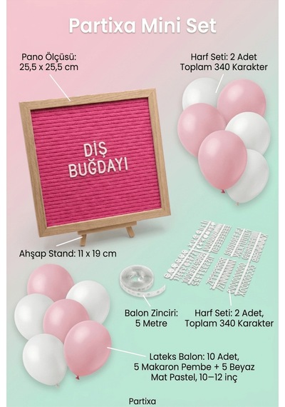 Diş Buğdayı Süsleme Mini Set Kız Pembe Keçe Yazı Panosu Standlı Balon Zincirli Çocuk