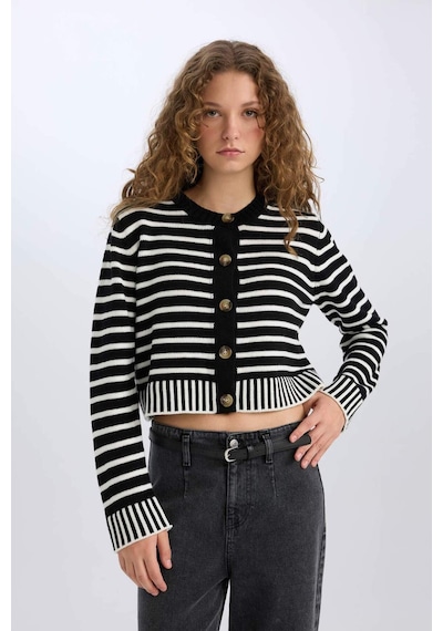 DeFacto Coool Regular Fit Çizgili Bisiklet Yaka Düğmeli Triko Hırka E2272AX24CWBK81 Siyah