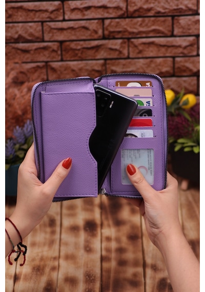 Özka Leather Lila Telefon Bölmeli Unisex Deri Uzun Kartlık Cüzdan Portföy Siyah