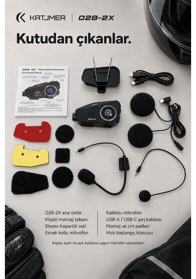 Q28-2x Bluetooth 5.0 Motosiklet İnterkom Kulaklığı 500 M, 2 Kişilik, Ipx6, 1500 Mah, 50 Saat Konuşma - Siyah