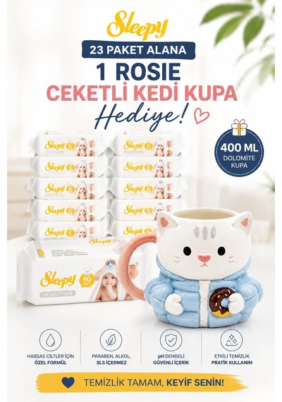 Sleepy Sensitive Islak Mendil 90'lı x 23 Paket + Rosie Ceketli Kedi Kupa Tekli