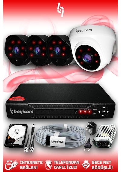 Bayicam 4 Kameralı Uzay 1 İç Kamera Set 2 TB HDD Full HD Gece Görüşlü Güvenlik Kamerası Sistemi