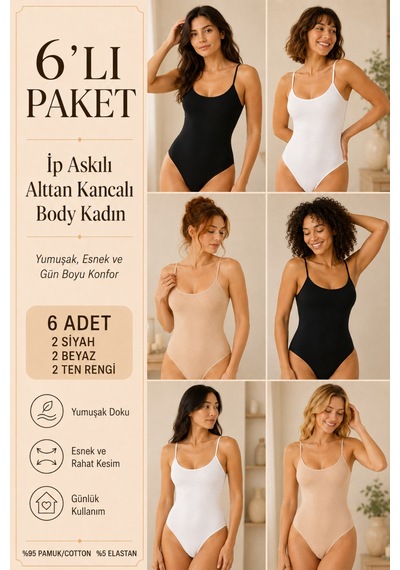 Loule Kadın 6'lı İp Askılı Pamuklu Alttan Kancalı Body Siyah-beyaz-ten Çok Renkli