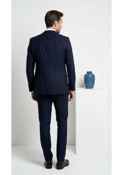 Erkek 3 Parça Slim Fit Takım Elbise Klasik Likralı Kumaş, Tek Düğme, Çift Yırtmaçlı Modern Kesim Ceket Yelek Pantolon Lacivert