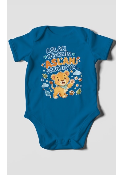 Morivokids Aslan Dedemin Aslan Torunuyum Kısa Kollu Bebek Body %100 Pamuk Koyu Mavi