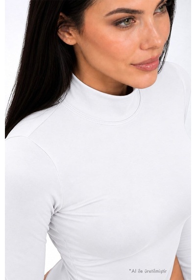 Cottonhıll Premium - Drape Collection Beyaz Viskon Balıkçı Yaka Uzun Kollu Çıtçıtlı Kadın Bodysuit