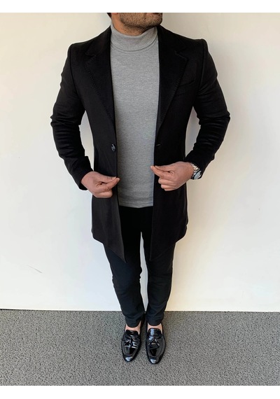 Modefendi Slim Fit İtalyan Kesim Kaşe Kaban Siyah