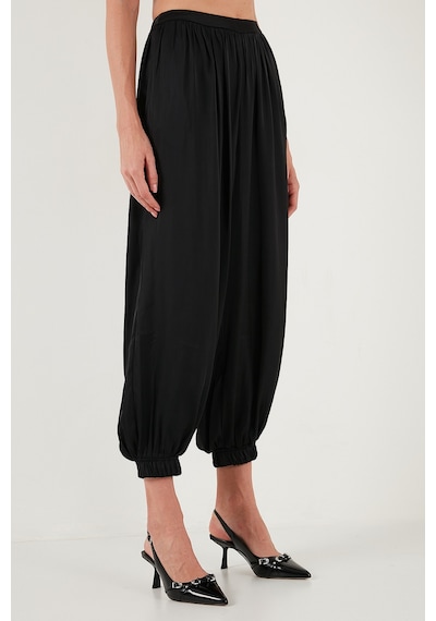 Lela Comfort Fit Yüksek Bel Lastikli Paça Saten Bayan Pantolon 68351217 Siyah