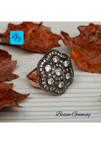 Elmas Montürlü Büyük Papatya Model Yüzük Gümüş - Rose Gold