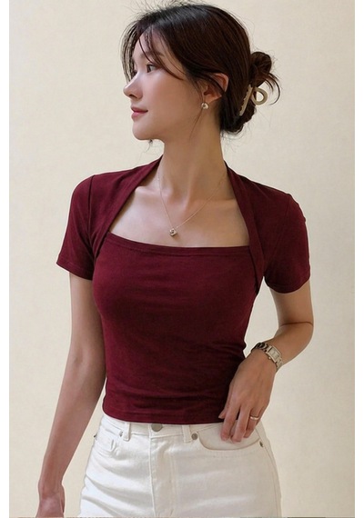Kadın Haki Kuğu Yaka Slim Kısa Kollu Fit Crop Bluz Bordo