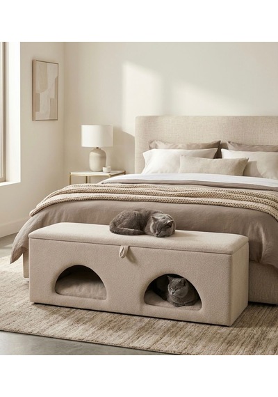 Uykula Çok Amaçlı Kedi Evi Ve Depolama Bankı Minderli, Kapaklı, Modern Tasarım Kedi Yuvası