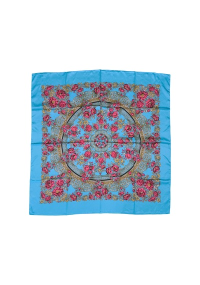 Tikitonki Çiçek Desenli Turkuaz Bohem Saten Eşarp - 90x90 Turkuaz Turkuaz