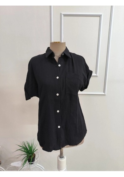Defymoda Kadın Kısa Kollu Yakalı Önü Düğmeli Müslim Gömlek Siyah