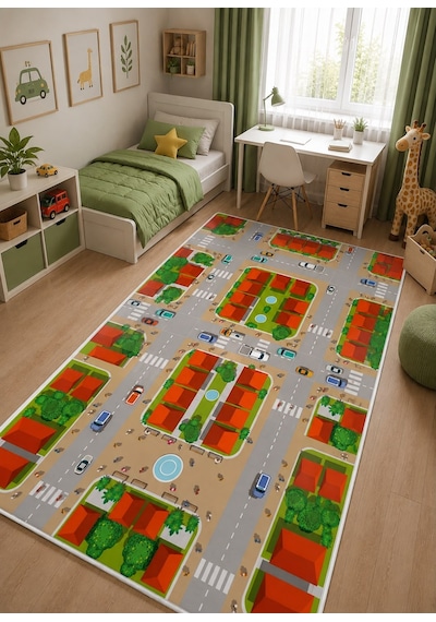 STY Home Trafik Çocuk Oyun Halısı Kaymaz Makinede Yıkanabilir Eğitici Bebek Ve Çocuk Odası Halısı Oyun72 Gri