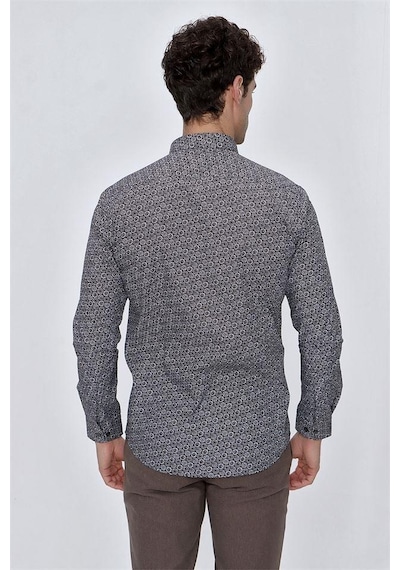 İmza Koyu Kahverengi Uzun Kol Baskılı Bez Ayağı Gömlek Yaka Klasik Slim Fit Dar Kesim Pamuklu Gömlek 1004225223-koyu Kahverengi Koyu Kahverengi