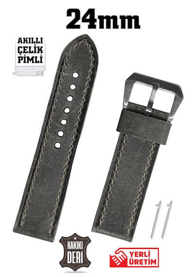 24mm Gri Spor Crazy Nubuk Hakiki Deri Saat Kordonu Kayış Akıllı Pimli Gümüş