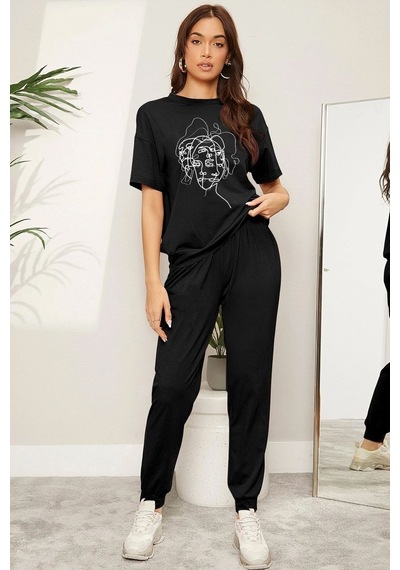 Uyguntarz Unisex Woman One Line Baskılı 2'li Eşofman Takımı Siyah