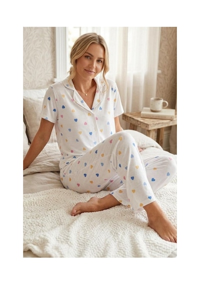 Fit Women Renkli Kalp Desenli Düğmeli Kısa Kollu Pijama Takımı 4591 Kar Beyaz