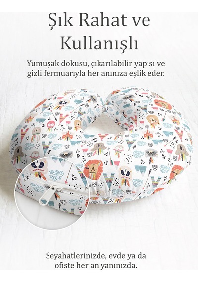 Çizimli Hayvan Figürlü Pamuklu Boyun Yastığı - Sevimli Tribal Desen Beyaz Mavi Seyahat Yastığı Pastel Toprak Somon