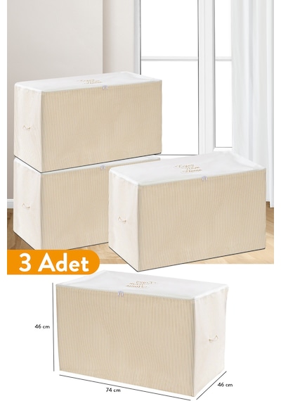 Serstil 3 Adet - Büyük Boy Bej Çizgili Hurç - 74 X 46 X 46 Cm