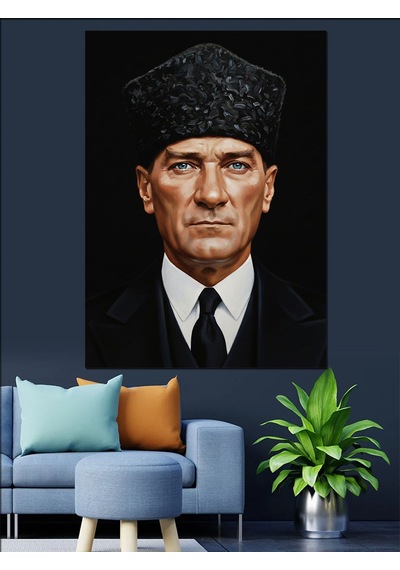 Kalpaklı Mustafa Kemal Atatürk Portresi Dekoratif Kanvas - Mdf Ahşap Tablo