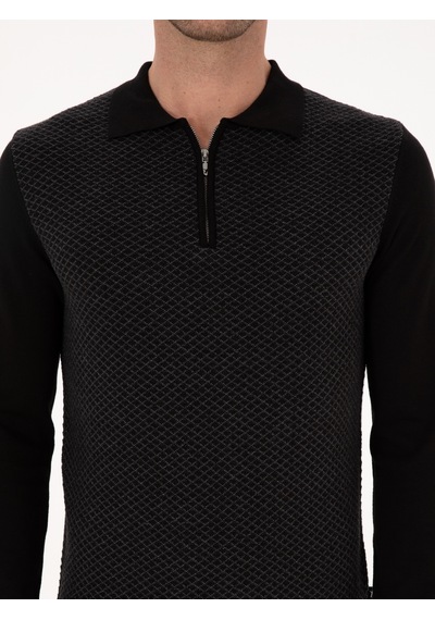 Cacharel Siyah Slim Fit Pamuk Karışımlı Fermuarlı Polo Yaka Triko Kazak