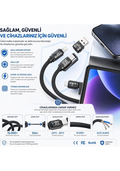 Bix 5ın1c-bk 1.5 Metre Siyah 240w Usb-a Ve Type C Ve Lightning Çok Fonksiyonlu Yüksek Hızlı Şarj Ve Data Kablosu, Çok Uçlu Şarj Kablosu Tüm Type C/lightning Telefon Ve Tabletlerle Uyumludur