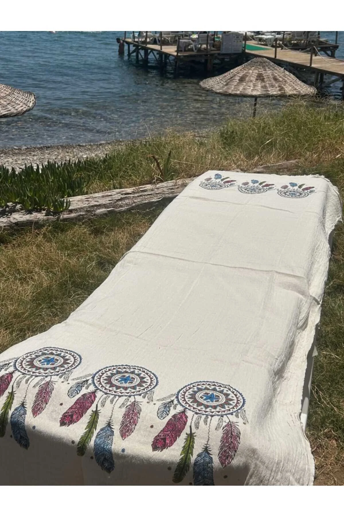 Desenli Beyaz Peştemal %100 Pamuk 100x200 Cm Plaj Ve Banyo Havlusu Çok Renkli