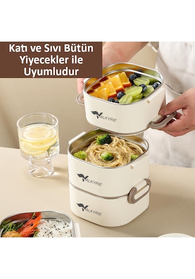 Valkyrie 1950 Ml 3 Katlı Paslanmaz Çelik Yemek Kabı Termal Çantalı, Akıtmaz, Bpa Sız Tek Kap 3 Öğün Krem