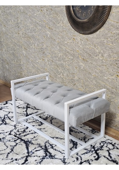 Zafir Beyaz Boyalı Metal 80 Cm Puf Bench - Antre Puf - Hol Bench - Puf - Oturak - Bench Gri