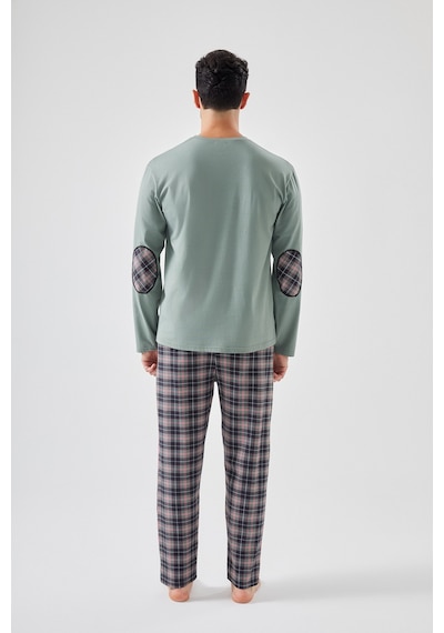 Erkek Pamuklu Uzun Kollu Yamalı Ekose Desenli Pijama Takımı Ko60104 Yeşil