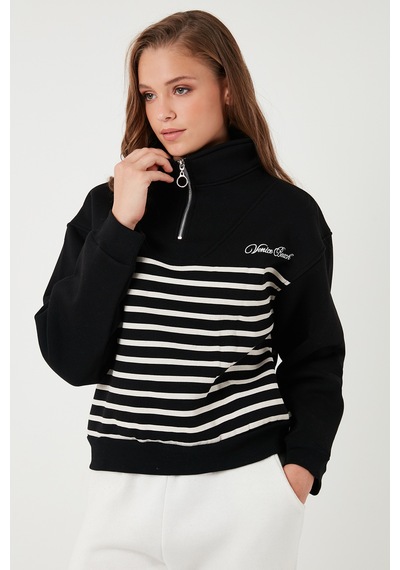 Lela Streç Oversize Fit Yarım Fermuarlı Dik Yaka Bayan Sweat 5865883 Siyah