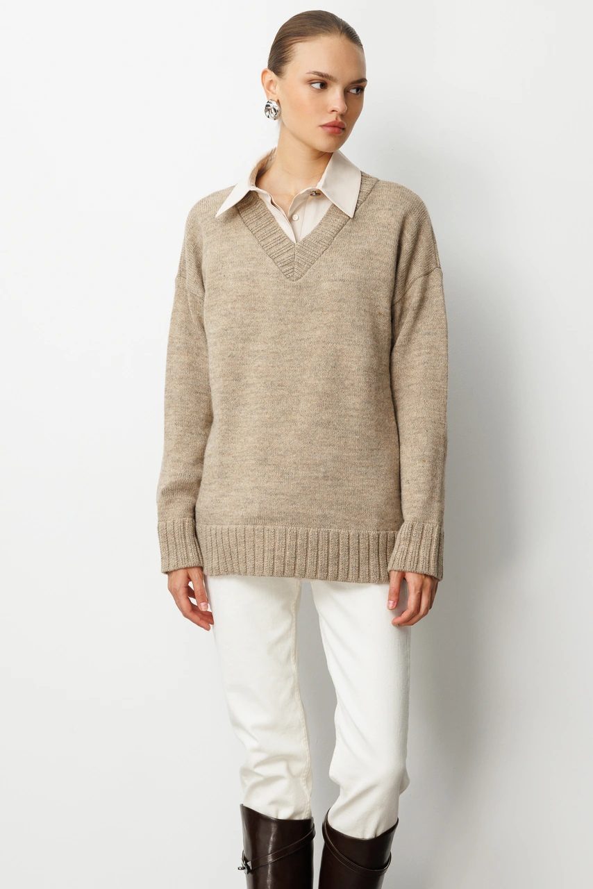 Mizalle V Yaka Oversize Bej Rengi Triko Kazak Bej