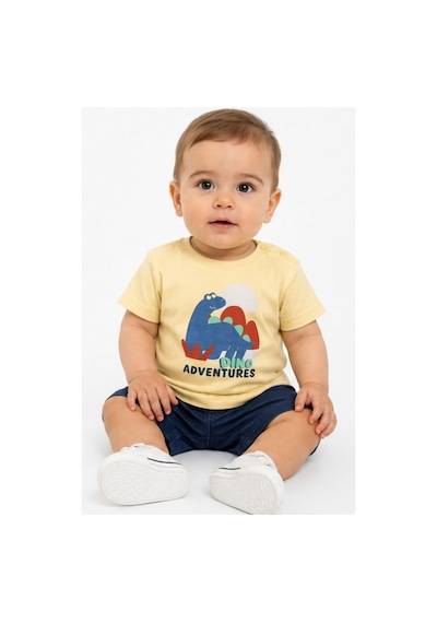 İrem Çocuk Giyim Erkek Bebek Dino Yazılı Dinazor Desenli Omuzu Çıtçıt Kapamalı Sarı Renk Tişört Sarı