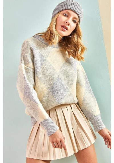 Shade Kadın Kare Desenli Triko Kazak 20011154 - Gri