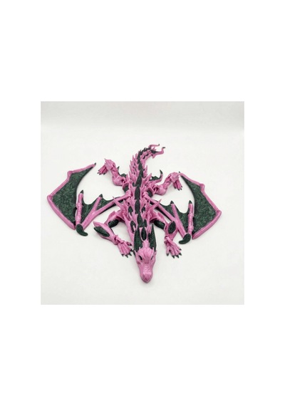 Atatug Dev Boy İpeksi Fuşya Ve Simli Yeşil Kanatlı Ejderha Figürü - 23x23 Cm 3d Baskı Hediye