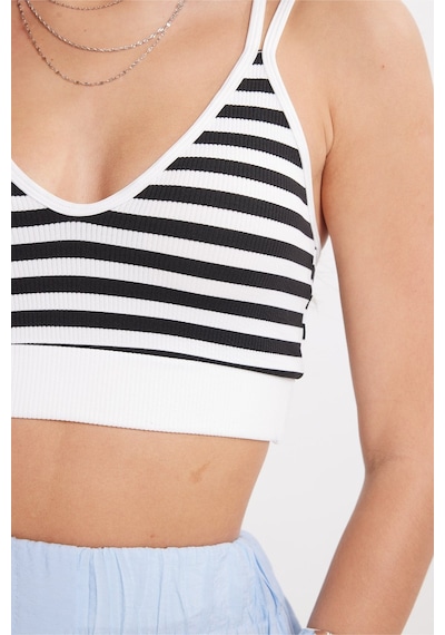 Tudors Kadın Slim Fit Dar Kesim Sırtı Çapraz Bağlamalı Askılı V Yaka Çizgili Ekru Crop -51087