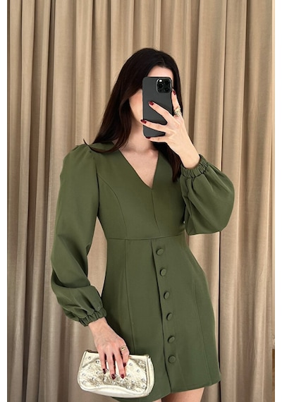 V Yaka Düğme Detaylı Uzun Kollu Mini Elbise-mavi - Xl Yeşil
