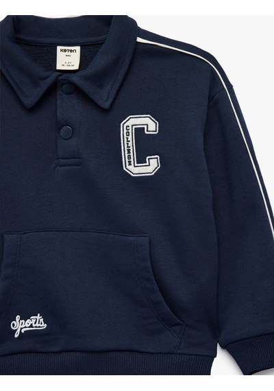 Koton Uzun Kollu Kanguru Cepli Nakış Detaylı Oversize Polo Yaka Sweatshirt Lacivert 7wmb10058tk