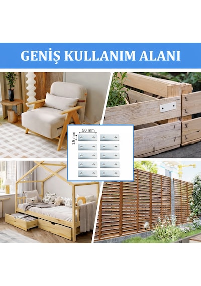 10 Ad. Düz Gönye Bağlantı Demiri 15x50 Mm 20 Ad Vida - Eşya Dolap Sabitleme Köşe Birleştirme Aparatı Metalik