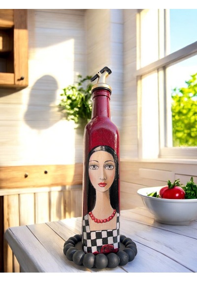 500 Ml El Yapımı Kadın Portreli Cam Yağdanlık Sosluk, Sirkelik, Mutfak & Sofra Aksesuarı, Sunum Siyah Kırmızı