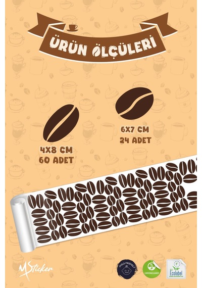 Kahve Çekirdekleri, Dekoratif Kahve Dükkanı Kahve Köşesi Süsleme Stickerları Kendinden Renkli 84 Ad. Dijital Baskı