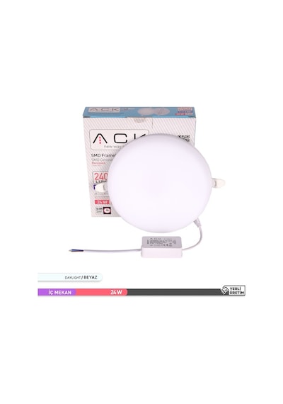 ACK 24W Çerçevesiz Sıva Altı Yuvarlak LED Panel Armatür 6500K Beyaz Işık Beyaz