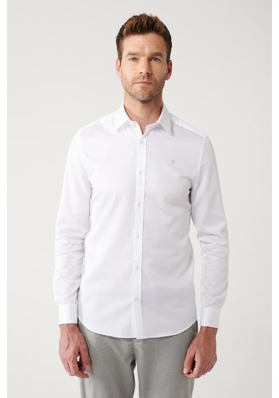 Avva Erkek Beyaz Gömlek Klasik Yaka %100 Pamuk Saten Slim Fit Dar Kesim  B002006 Beyaz