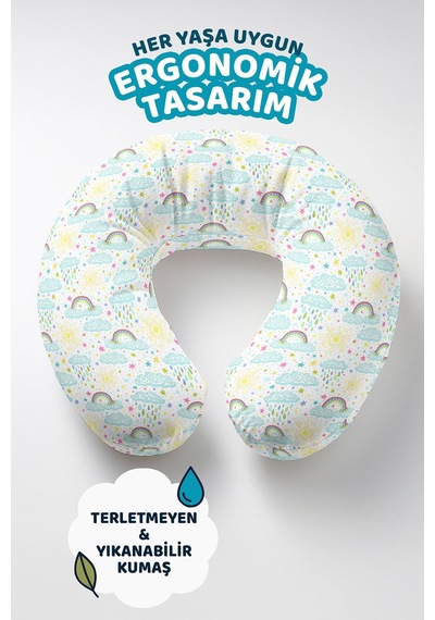 Renkli Bulut Gökkuşağı Pamuklu Boyun Yastığı - Neşeli Pastel Desenli Mavi Sarı Seyahat Yastığı Açık Dumanlı Avokado
