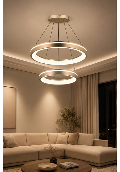 2'li Modern Premium Halka 3 Renkli Ledli Sarkıt Avizesi Salon Mutfak Oturma Odası Şık Modelleri 60w Gold