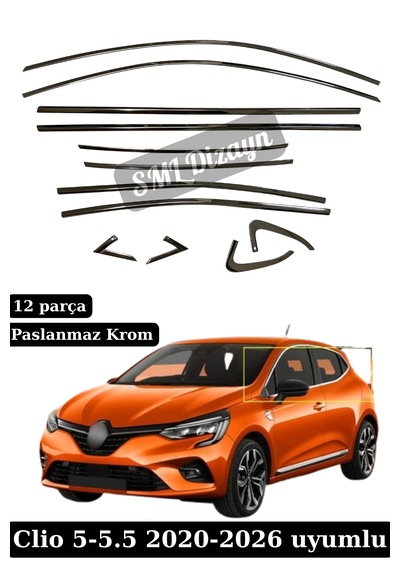 2020-2021-2022-2023-2024-2025-2026 Clio 5-5.5 Krom Cam Çıtası Nikelaj Tam Tur Paslanmaz