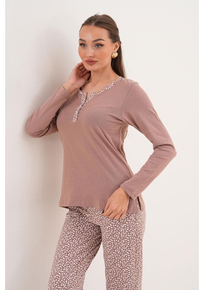 Çift Kaplan Kadın Pamuk Minimal Desen Açık Yaka Patlı Toprak Pijama Takımı 7033 Haki