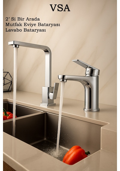 2'si Bir Arada Krom Mutfak Eviye Bataryası / Krom Banyo Lavabo Bataryası Sıcak Soğuk Çift Girişli Krom